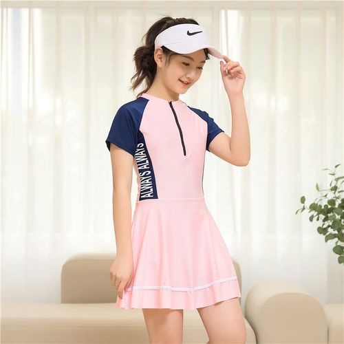 茉馥涤纶面料10-14岁女童泳衣女孩连体裙式游泳衣运动中大童泳衣 粉色