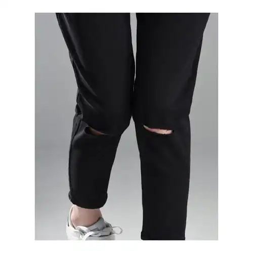 春季高腰宽松牛仔裤女破洞黑色九分裤休闲裤胖mm哈伦小脚萝卜裤潮黑破