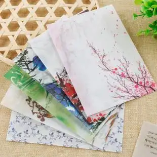 中国风古典半透明硫酸纸信封唯美水墨画青花卡片收纳包装袋4张1组