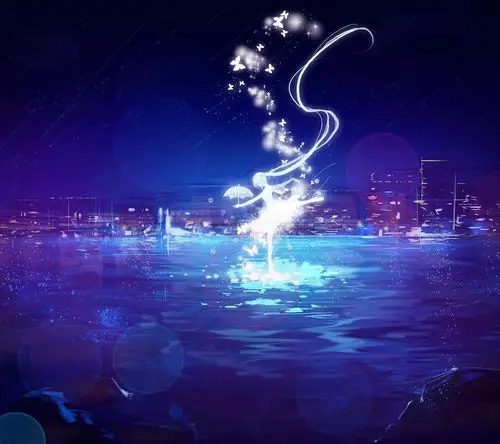 初音未来 虚拟歌姬 动漫 二次元 人物 场景 p站 唯美 海边 意境 夜晚