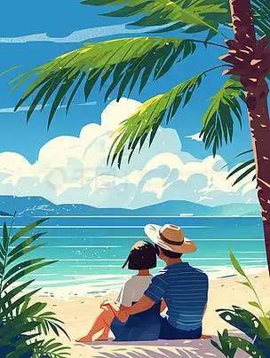 情侣坐在海边看风景扁平插画