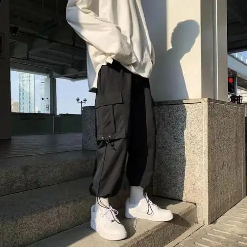 实拍 休闲工装九分裤男生束脚侧边口袋松紧腰潮搭直筒时尚宽松裤