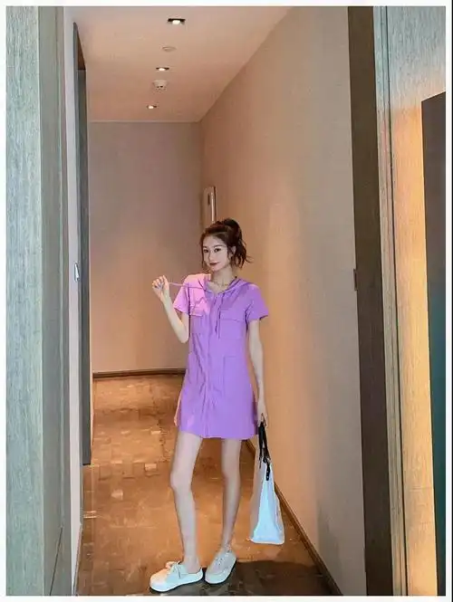 紫色连衣裙女2021年新款夏装韩版收腰小个子显瘦气质短袖t恤裙子 - 17