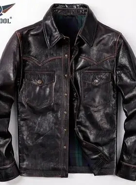 茶芯头层马皮皮衣男翻领衬衫复古擦色休闲皮夹克秋季短款皮外套潮