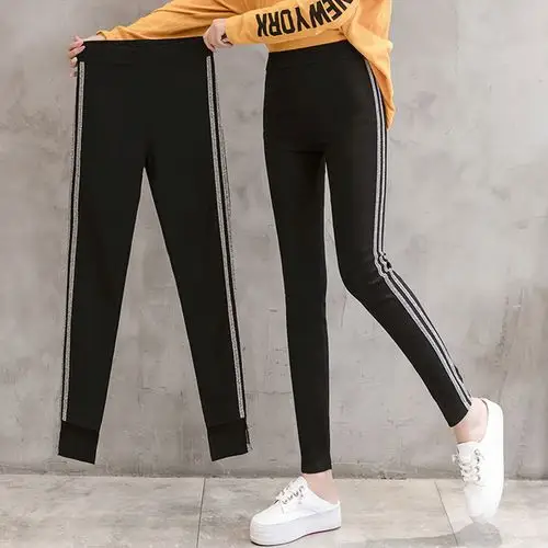 黑色打底裤女外穿松紧高腰条纹显瘦小脚长裤子初中高中学生铅笔裤