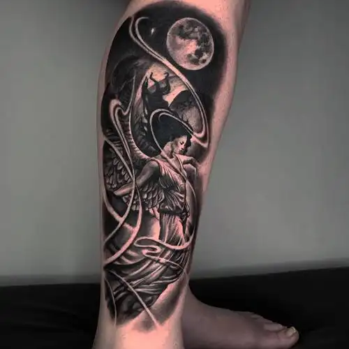 小腿黑灰天使纹身图案