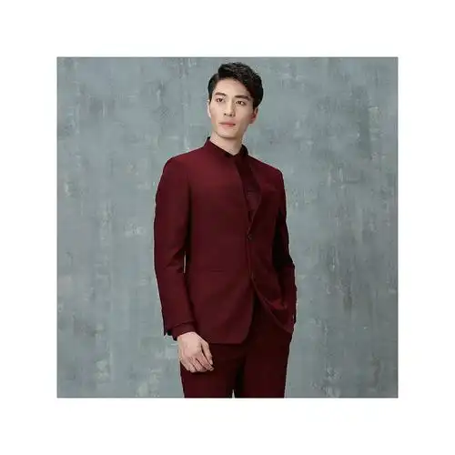 才子男装西服套装男秋季中式领修身婚庆礼服休闲西服套装男大红色