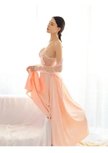 瑰若仿真丝睡衣女 秋冬长款性感透视睡袍浴袍女大码家居服套装060