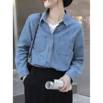 苜戈棉质牛仔衬衫女中长款复古宽松2024春夏新款内穿外搭外套蓝色s