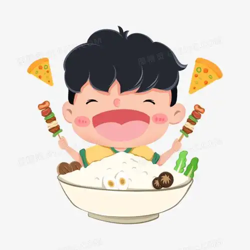 卡通男孩开心拿着烤串吃大餐大吃货免抠元素