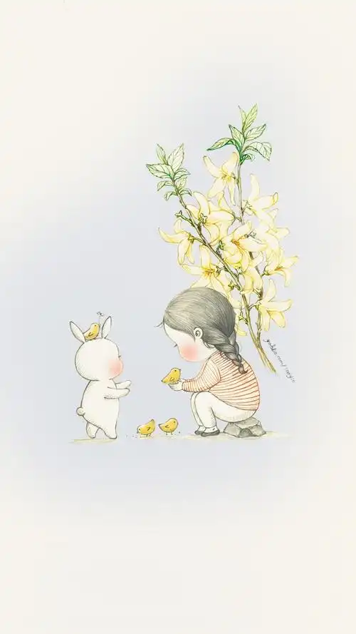 女孩与兔子 暖心插画