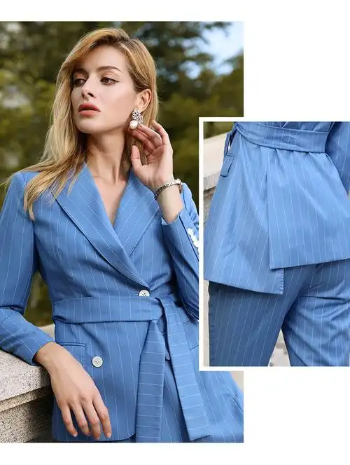 iwy长袖条纹西装套装女2018高端职业套装显瘦浅蓝色西服cp8366