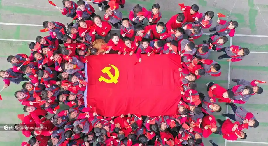 浙江仙居开学第一天小学生与党旗合影