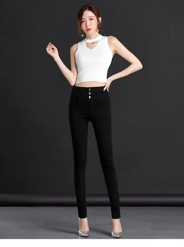 后叙黑色高腰牛仔裤女2020新款韩版显瘦春秋季紧身小脚长裤修身 黑色