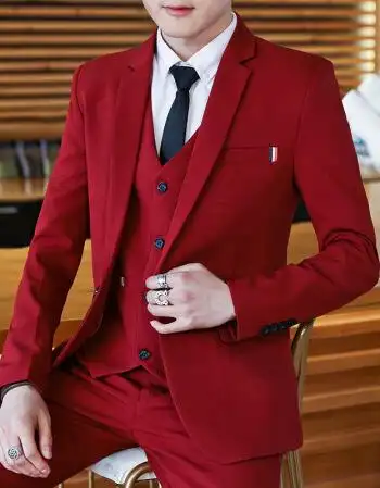 修身职业正装面试西装男上班结婚 三件套红色(送领带 领结 衬衫 皮带)