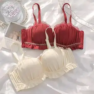 日系红色无肩带抹胸内衣少女小胸聚拢纯欲文胸套装性感无钢圈胸罩