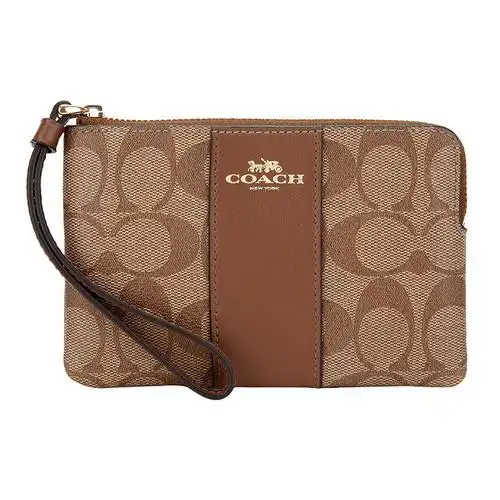 coach蔻驰奢侈品女士卡其棕色人造革配皮短款手拿包零钱包f58035ime74