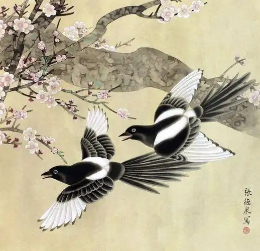 树上飞来两只喜鹊
