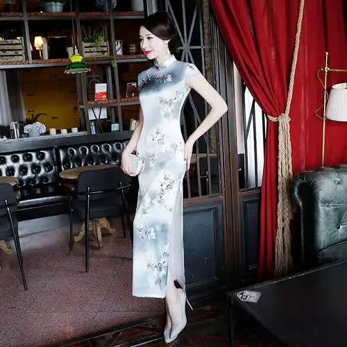 长款仿真丝高开衩修身旗袍 日常长款旗袍复古开叉旗袍批发