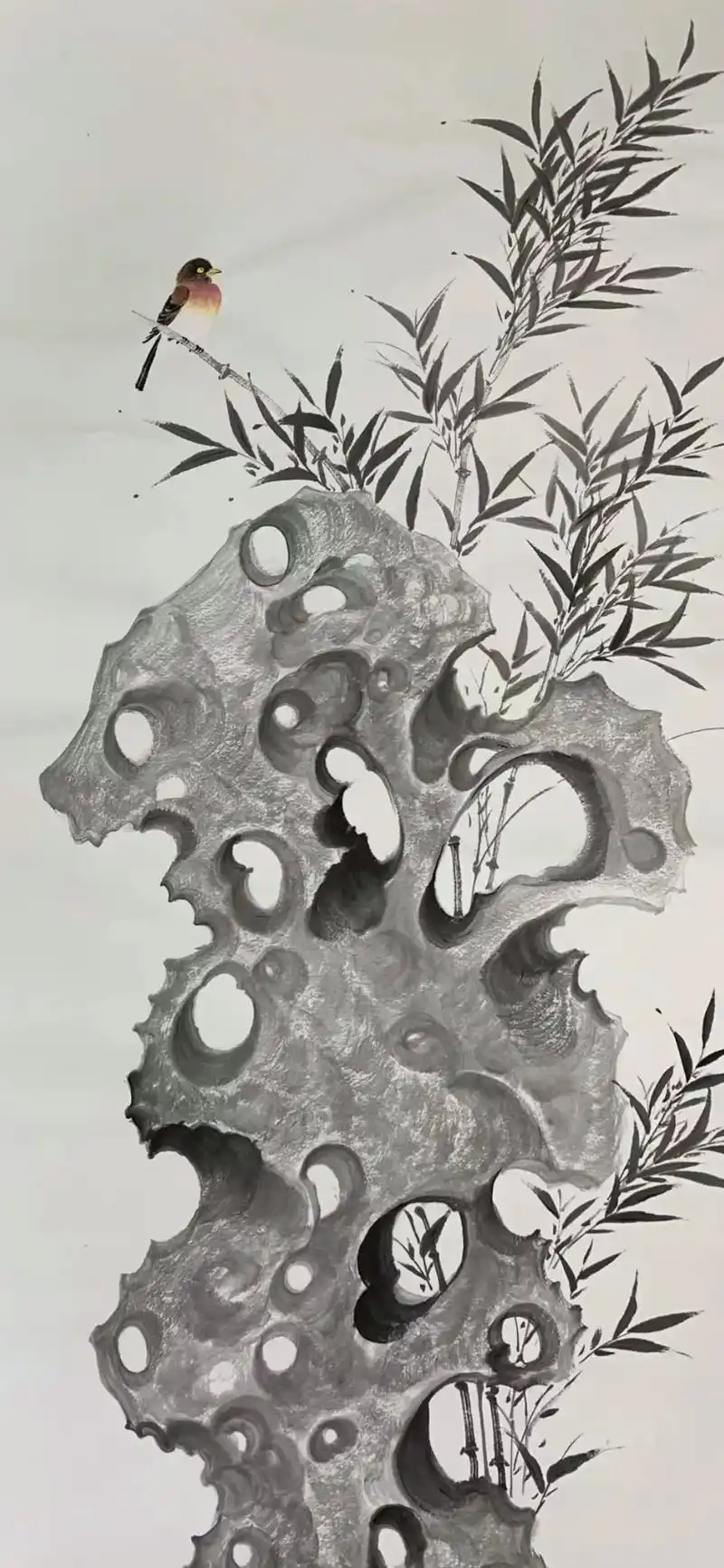 水墨画,太湖石之鸟.
