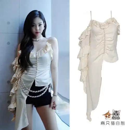 一折blackpink同款衣_blackpink金智妮珍妮同款不规则荷叶边衬衫吊带