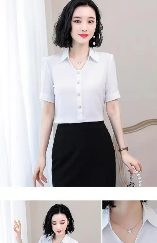 白色v领短袖雪纺衬衫女士2019夏季夏装新款职业装上衣ol韩版衬衣_找淘