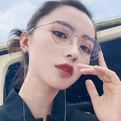 青陌圆形长脸眼镜框女ins复古原宿风前卫带链子平光镜近视眼睛潮
