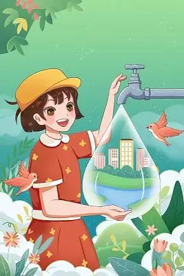卡通地球和水世界水日原创插画素材节约用水忘记关水龙头浪费水卡通