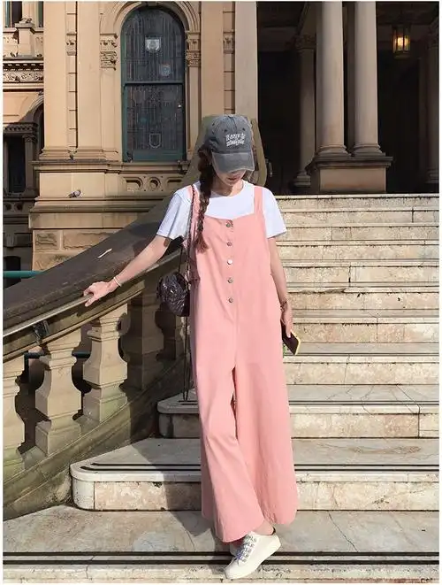 多巴胺粉色背带裤女春夏装新款ins高腰宽松直筒裤子 - 17网