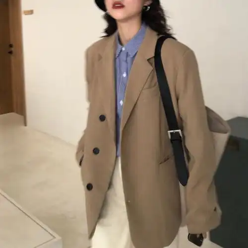 sclb 黑色西装外套女2020春季新款韩版宽松时尚单排扣卡其色西服