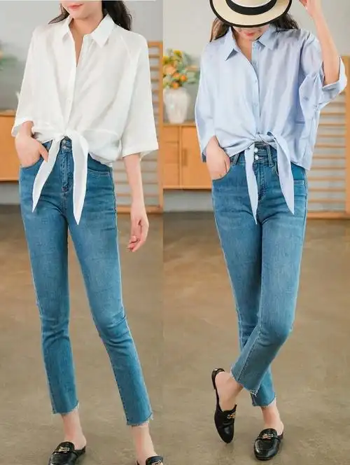 下摆打结衬衫清新的夏日气息