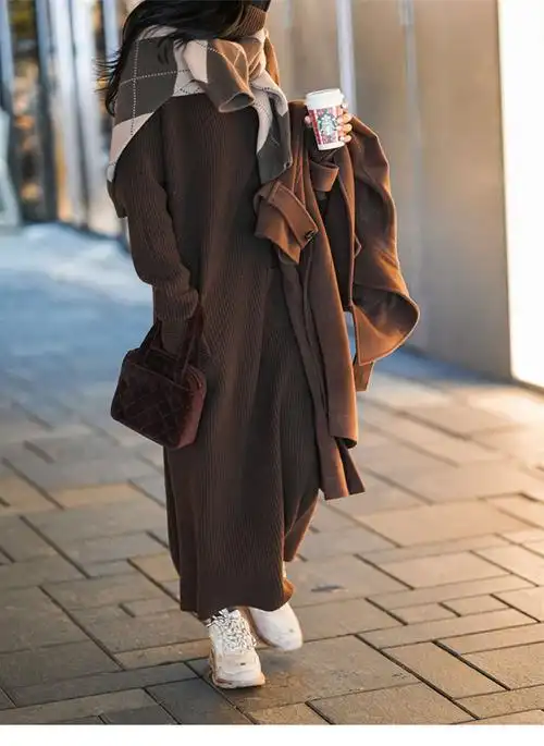 法式气质女神范加厚毛衣长裙高级感慵懒风高领针织打底连衣裙5885