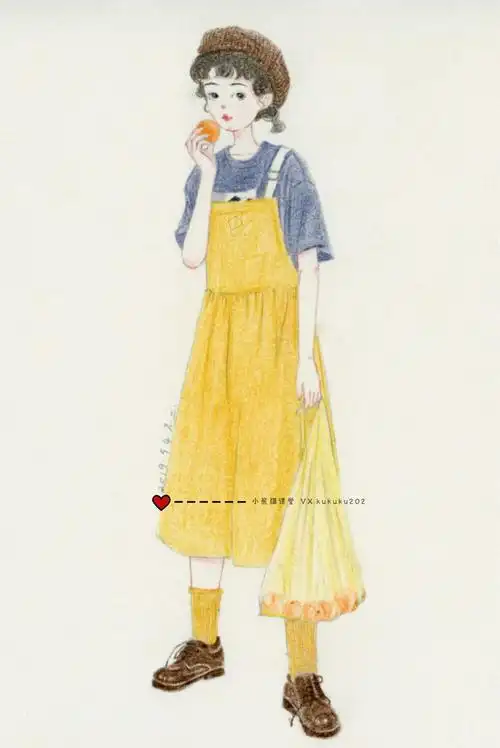 彩铅手绘少女全身线稿卡通插画壁纸头像水彩教程治愈系