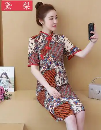 mm200斤穿加肥加大宽松民族风拼接连衣裙气质复古印花时尚旗袍收身