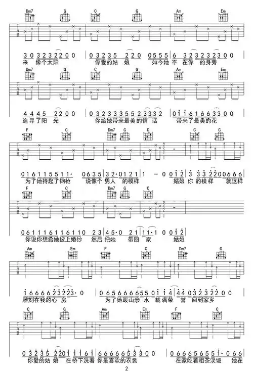 你的姑娘吉他谱-隔壁老樊-c调原版弹唱谱-附pdf图片谱简谱