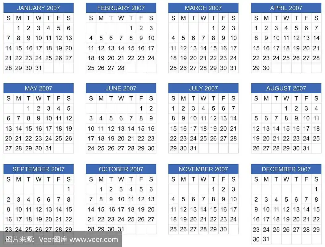 2007,星期日,日历,矢量,开端