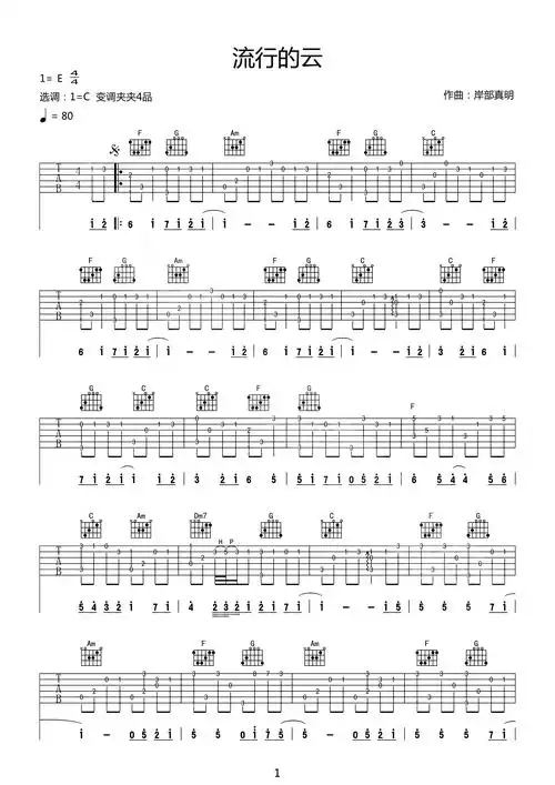 流行的云指弹吉他谱_岸部真明_简单带和弦版_独奏六线谱1