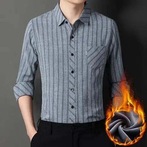 衬衫男冬季中年格子加绒加厚棉麻男商务休闲保暖衬衣爸爸装-阿里巴巴