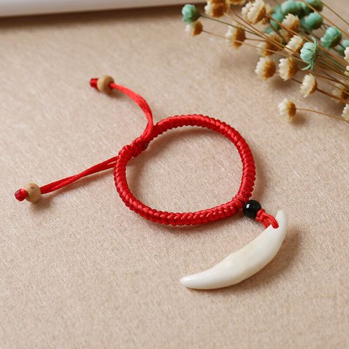 璀饰真狗牙脚链本命年真黑狗牙手链男女黑绳狼牙齿情侣儿童红绳桃木挂