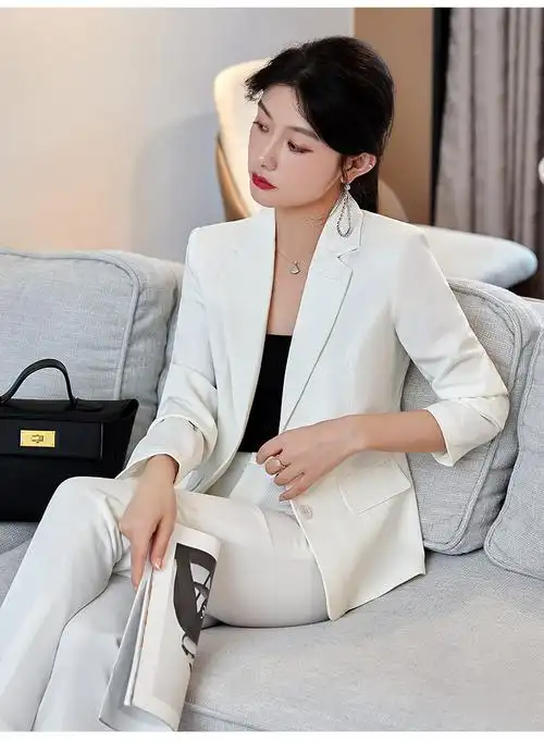 秋冬职业气质通勤纯色长袖粘纤气质小西装棕色裤套装套装
