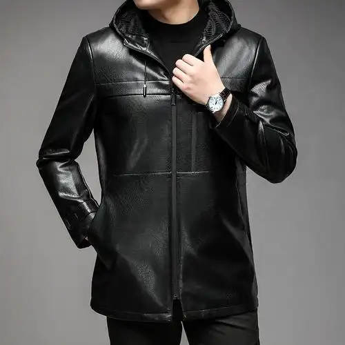 皮衣男新款男士连帽纯色皮上衣中年休闲男装皮衣外套