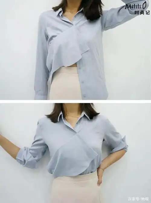 穿法一: 扣上衬衫的上面三颗扣子,把倒数第二颗扣子扣在第二颗上.