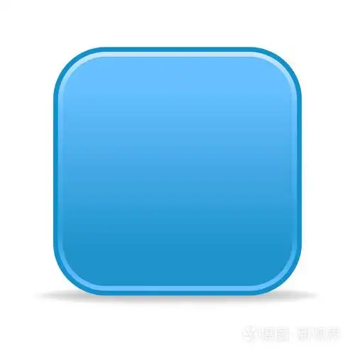 侧面用灰色反射在白色背景上的蓝色缎面空白圆角的正方形按钮