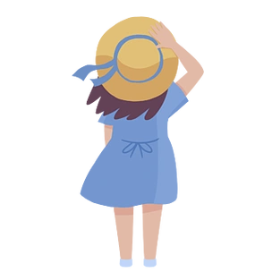 手绘卡通黄色帽子蓝色连衣裙女孩背影