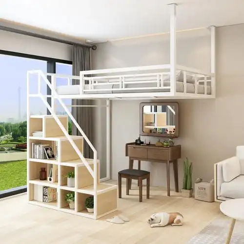 新款铁艺床省空间复式二层楼空中床小户型阁楼式床储物衣柜高架床