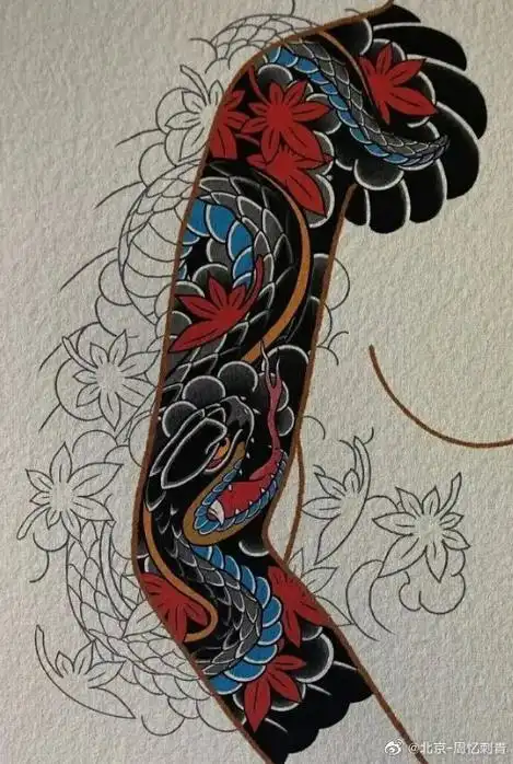 纹身作品推荐分享一组简单的花臂纹身手稿,色彩明艳,图案高级!