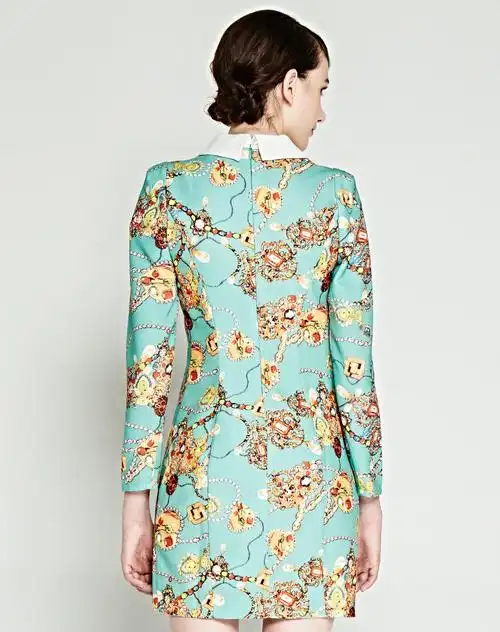 蓝色倾情lesies 蓝绿色复古宝石印花长袖连衣裙