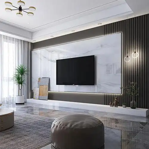 岩板影视客厅轻奢格栅石材大理悬空白大理爵士瓷砖背景墙