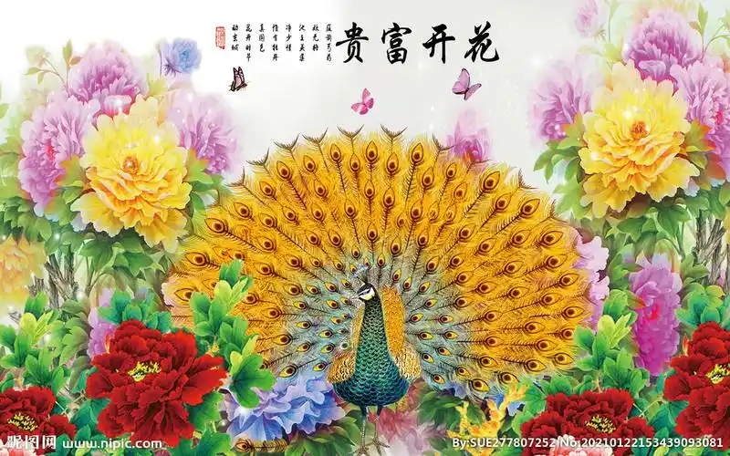 花开富贵孔雀开屏图片