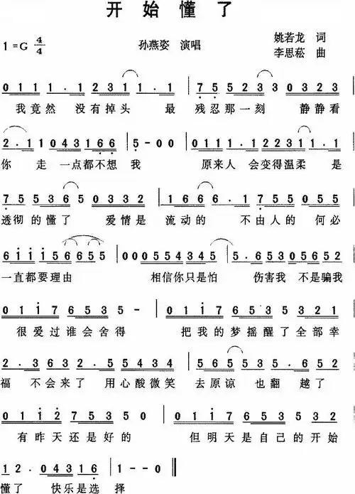 开始懂了-开始懂了简谱-开始懂了吉他谱-对岸曲谱